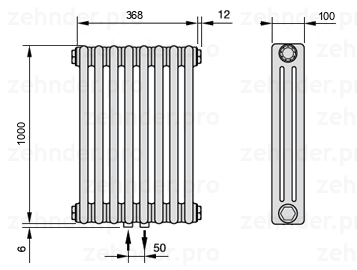 Схема (чертеж) Радиатор Zehnder Charleston 3100/8 №3470 Белый глянцевый RAL 9016